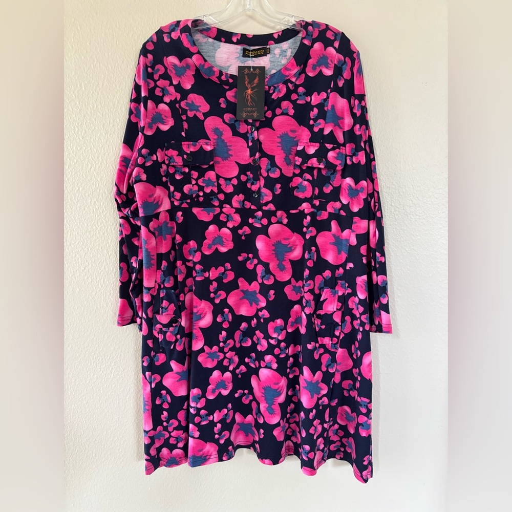 Floral Pink and Blue 2X Plus Size Women's Dress Tunic